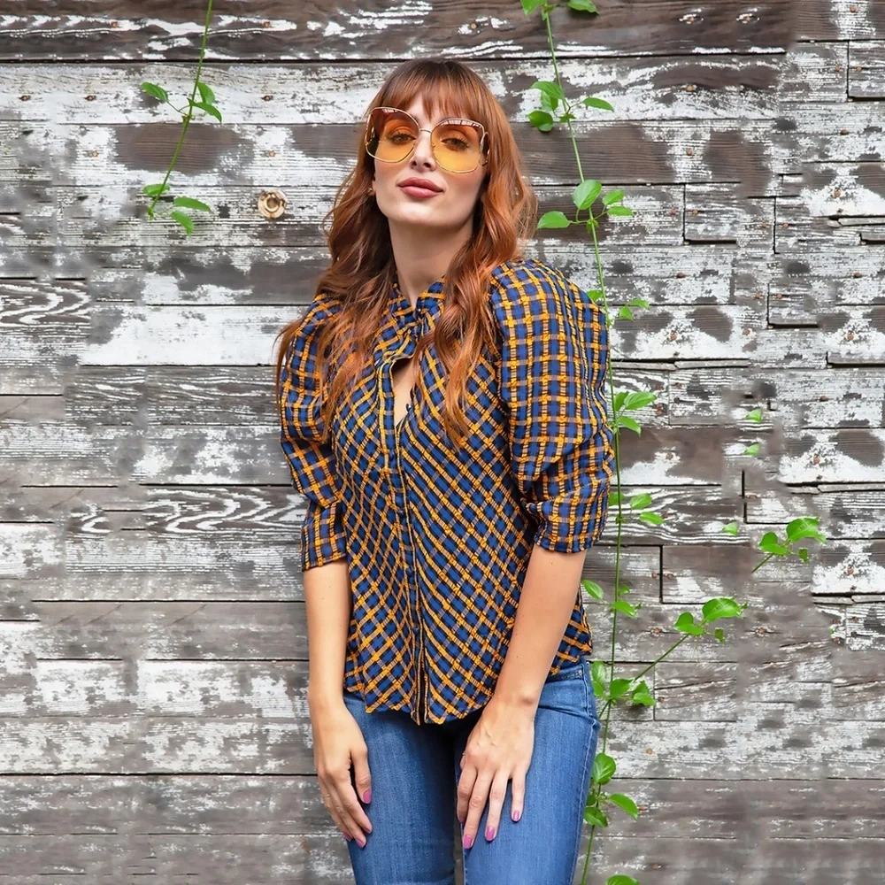 Eva Franco Anthropologie Textured Plaid Puff Sleeve Blouse Button up Shirt - Picture 3 of 8